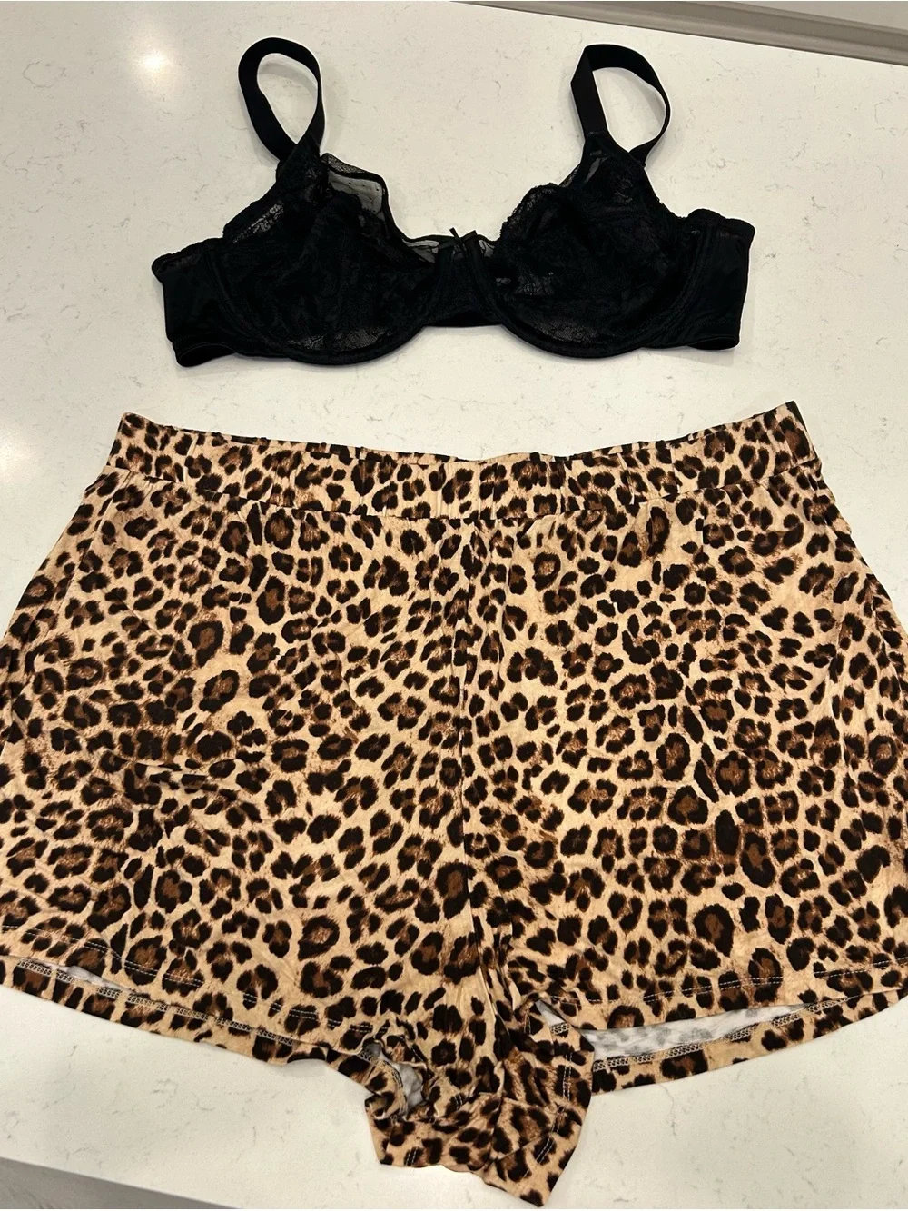 Black Lace Underwire Bra with Torrid Leopard Print Sleep Shorts